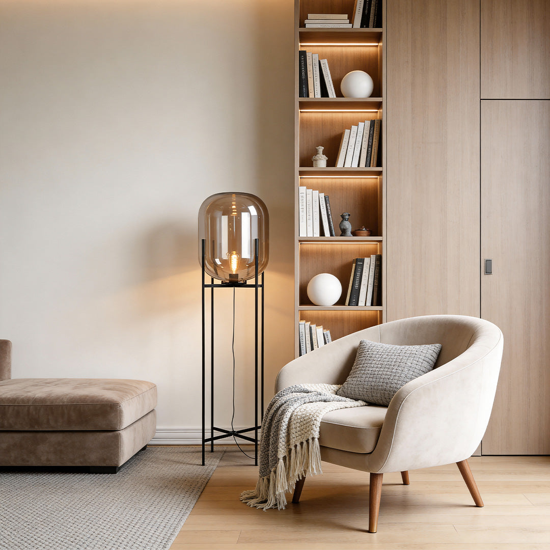 Bubbluxe | Modern Black Floor Lamp with Hand-Blown Glass Shade 2
