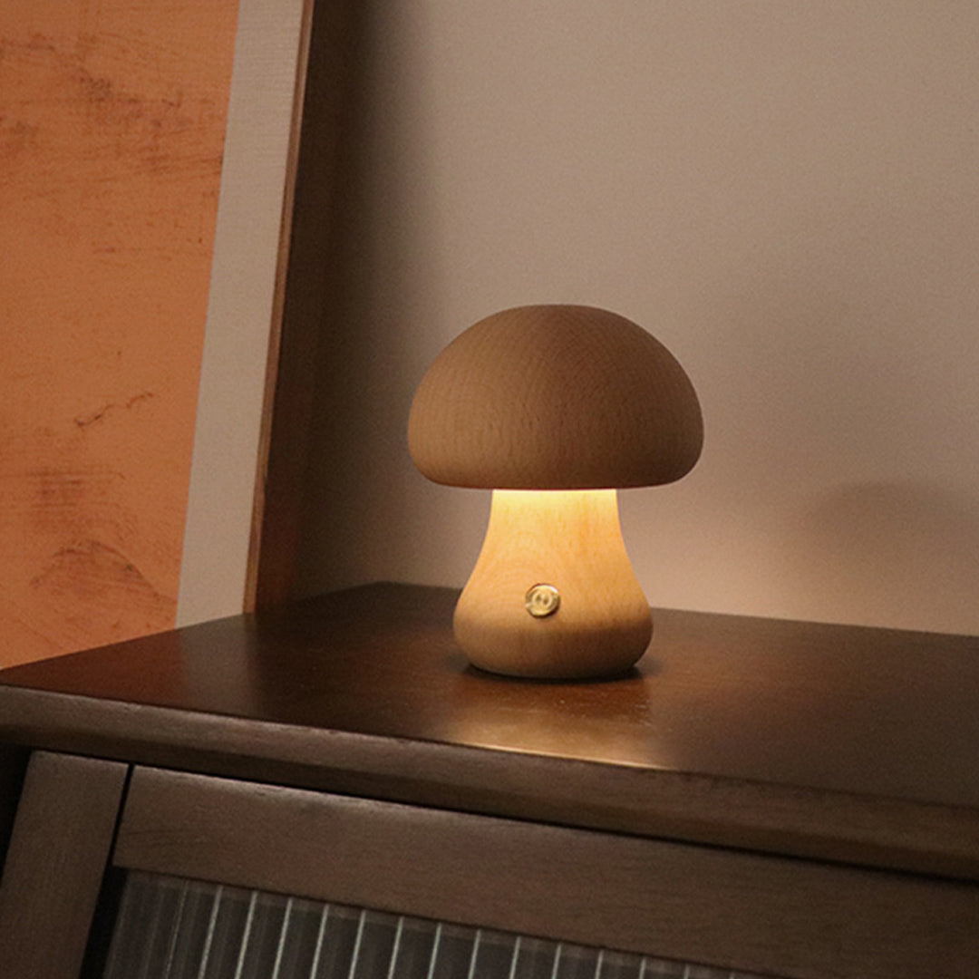 MushroomGlow | Charming Natural Wood Battery Operated Table Lamp 4