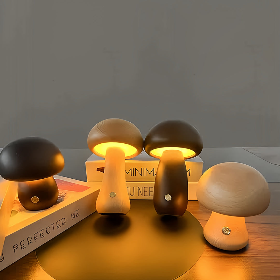 MushroomGlow | Charming Natural Wood Battery Operated Table Lamp 5