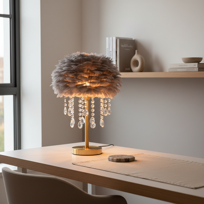 FeatherGlow | Elegant Soft Feather Table Lamp with Crystal Accents