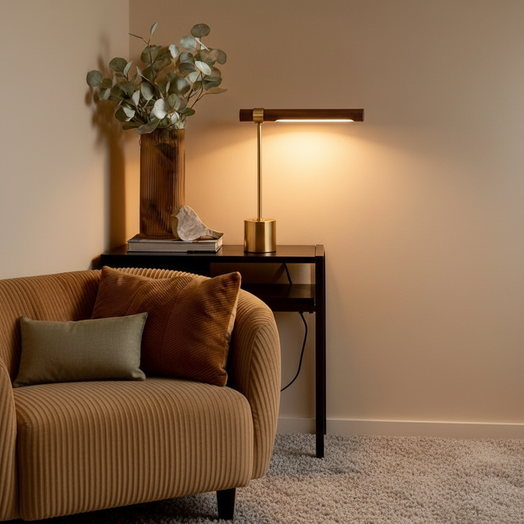 Luminara | Modern Elegant Wood Brass LED Desk Lamp for Home Office