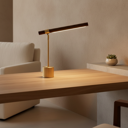 Luminara | Modern Elegant Wood Brass LED Desk Lamp for Home Office