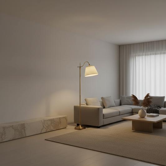 CopperGlow | Elegant Vintage Arc Floor Lamp with Fabric Shade