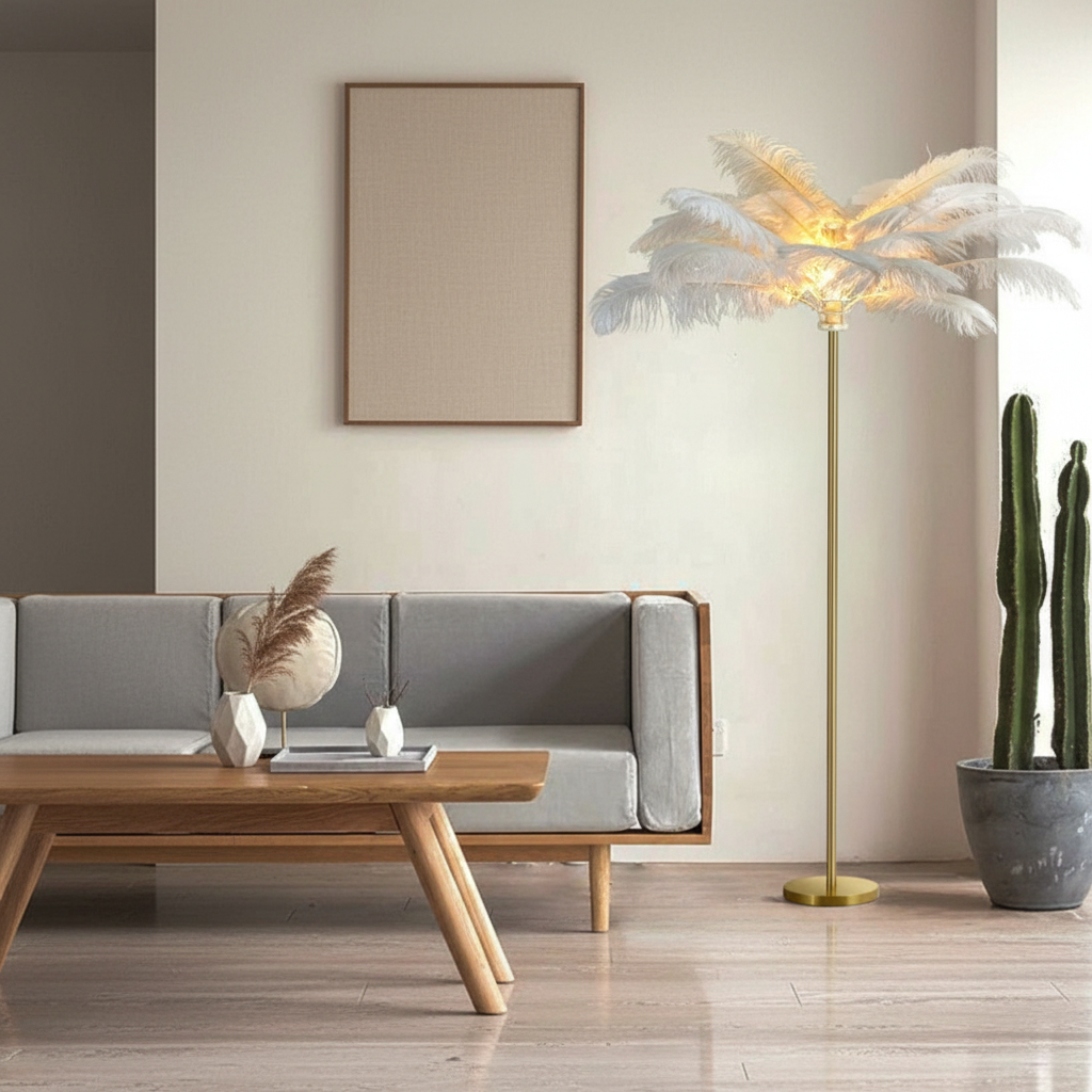 FeatherGlow | Elegant Modern Gold Floor Lamp with Gilded Iron Base