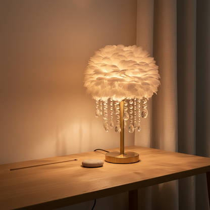 FeatherGlow | Elegant Soft Feather Table Lamp with Crystal Accents