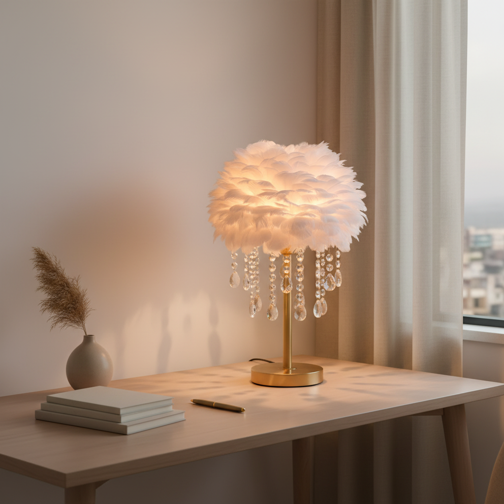 FeatherGlow | Elegant Soft Feather Table Lamp with Crystal Accents