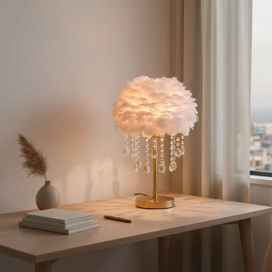 FeatherGlow | Elegant Soft Feather Table Lamp with Crystal Accents