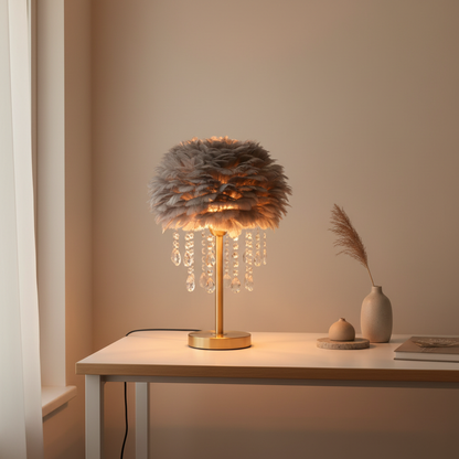 FeatherGlow | Elegant Soft Feather Table Lamp with Crystal Accents
