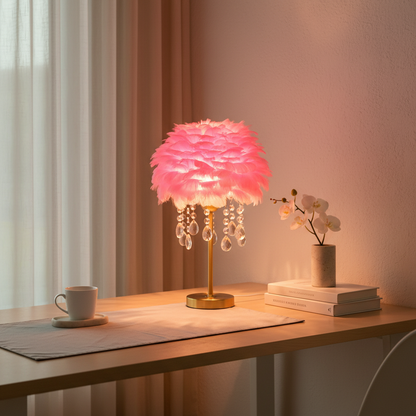 FeatherGlow | Elegant Soft Feather Table Lamp with Crystal Accents