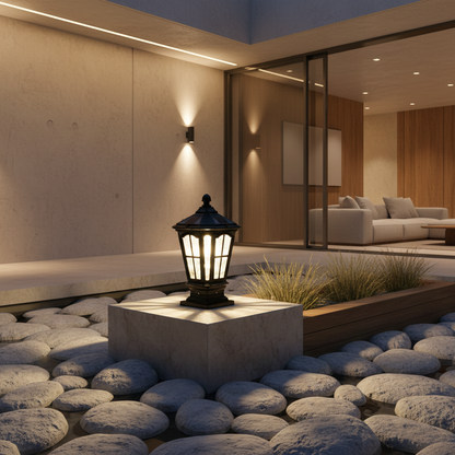 Solar Stone Pillar Light | Retro Outdoor Lantern for Garden Pathways