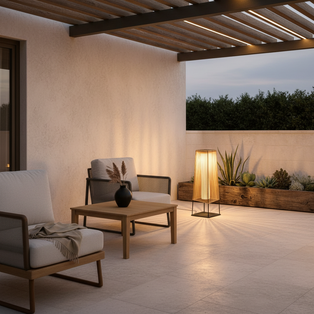 WovenAura | Rustic Stylish Solar Outdoor Floor Lamp with Dual Power Options