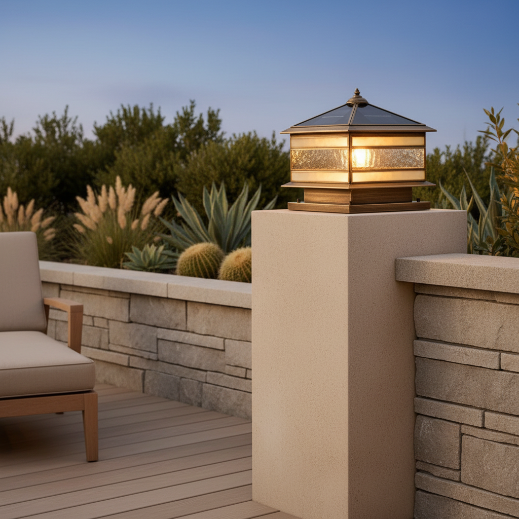 Retro Copper Solar Pillar Light | Waterproof Outdoor Garden Lantern