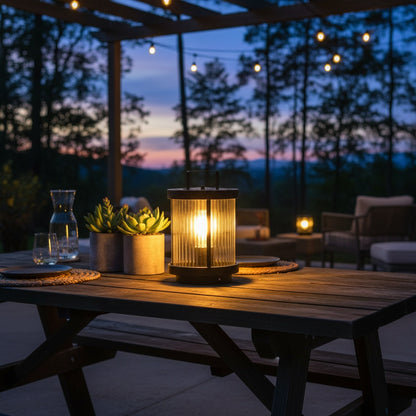 Luminara | Elegant Striped Glass Outdoor Solar Lantern with Candlelight Effect