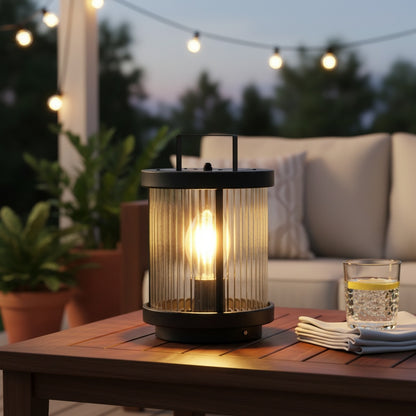 Luminara | Elegant Striped Glass Outdoor Solar Lantern with Candlelight Effect